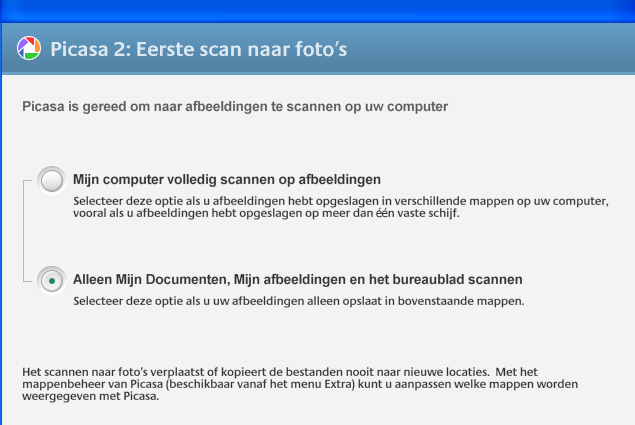 Het programma-venster Bij de eerste maal opstarten vraagt Picassa je