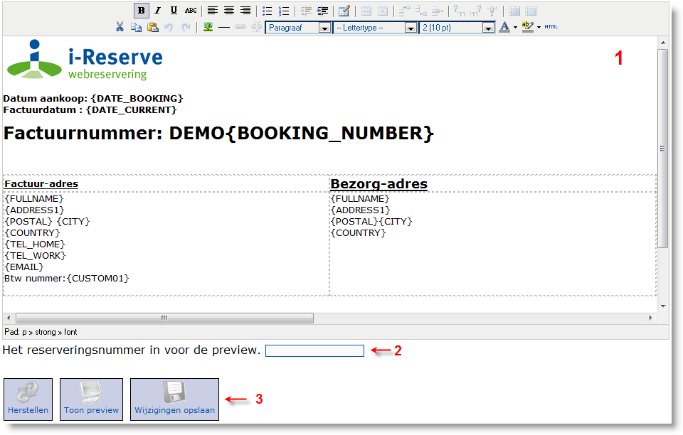 Het middelste deel bevat de editor (1), een preview mogelijkheid van de factuur zoals die als pdf bijlage verzonden wordt (2) en de buttons waarmee u de wijzigingen opslaat, de gemaakte wijzigingen