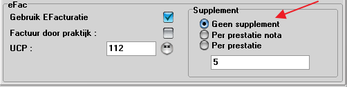 Pagina 4 van 16 Supplement. Deze instelling kan gebruikt worden door de niet-geconventioneerde arts om een vast supplement toe te voegen aan de prestatienota. Standaard is de keuze Geen supplement. p.s. ook tijdens de opmaak van de prestatienota kan het bedrag manueel toegevoegd worden.