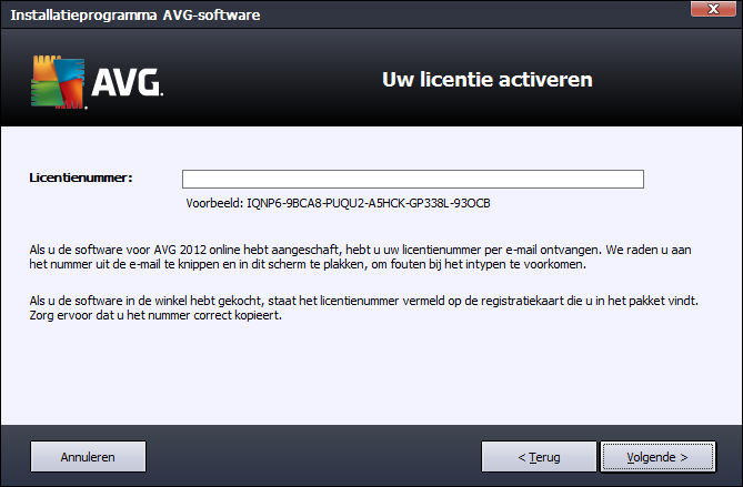Het eerste installatiedialoogvenster bevat slechts twee knoppen: Afdrukbare versie Klik om de volledige tekst van de AVG-licentieovereenkomst af te drukken.