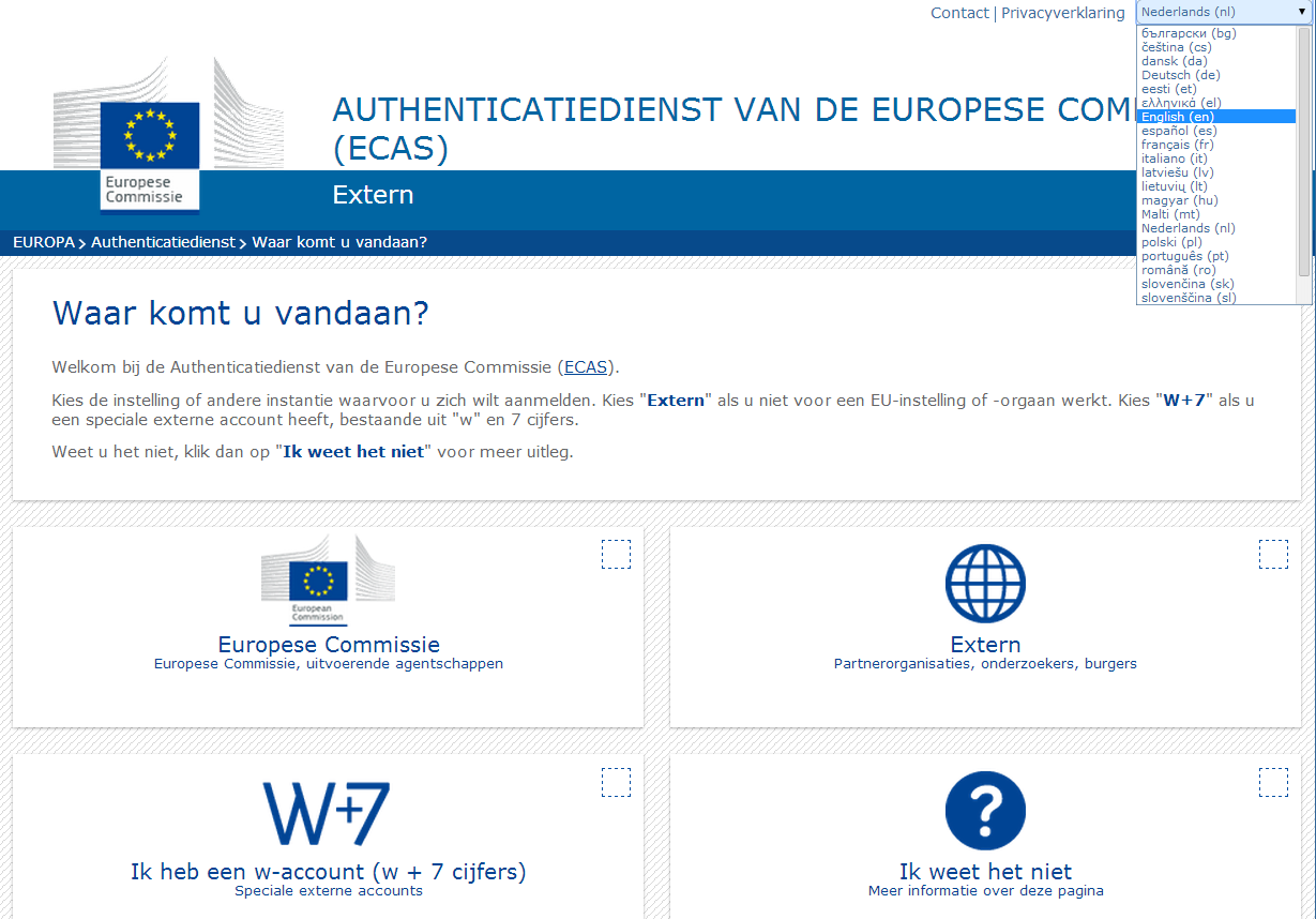 Maak een ECAS account aan Introductie ECAS staat voor European Commission Authentication Service en is de centrale login voor het EU register en enkele andere applicaties die door de Europese