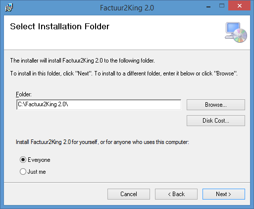 Selecteer een installatielocatie: Let op: Indien Gebruikersaccountbeheer (User Account Control) is geactiveerd (standaard op alle Windows installaties), dan adviseren wij u de Factuur2King 2.