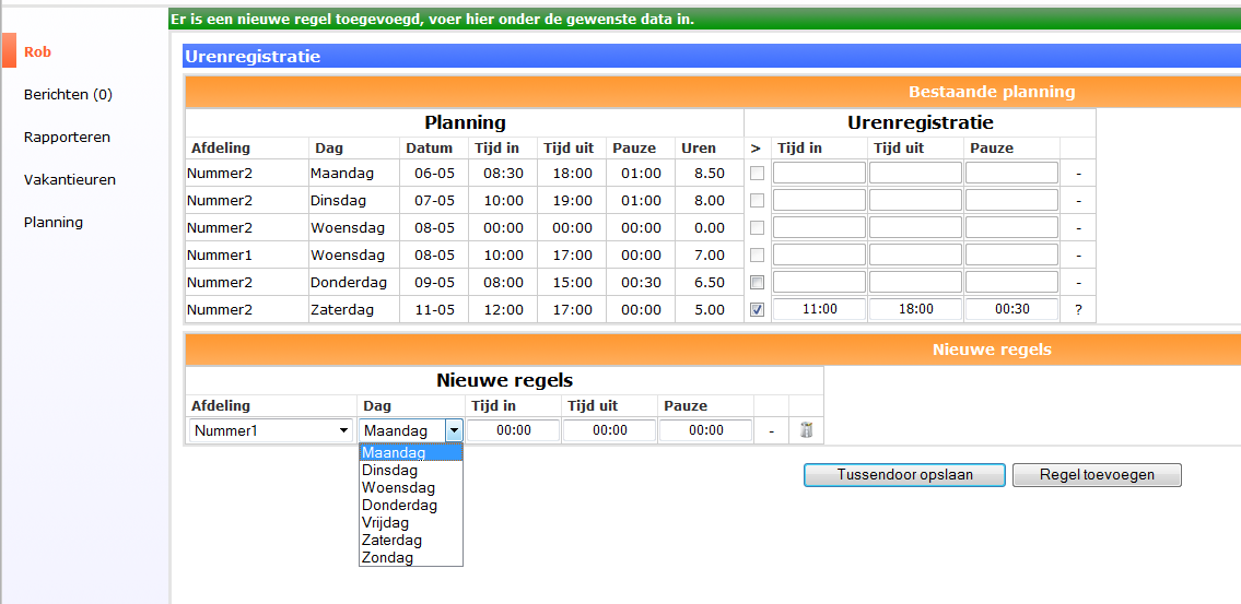 Uw nieuwe regel wordt ter beoordeling naar de planner gestuurd. De planner kan deze goedkeuren of afwijzen. Zolang een urenregistratie niet beoordeeld is (symbool?