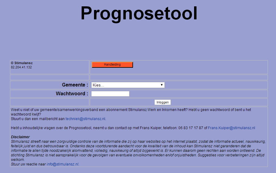 2. URL en Inloggen Met het typen van de URL in uw browser komt u op de inlogpagina van de Prognosetool. De URL ziet u hieronder afgebeeld. http://prognosetool.stimulansz.