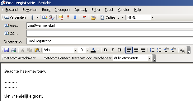 E-mail berichten op te slaan in het document beheer systeem van Metacom via de knop Metacom Documentbeheer.