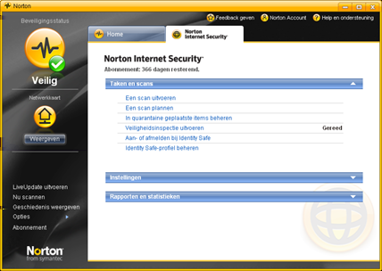 8 Aan de slag Het hoofdvenster verkennen Het hoofdvenster verkennen Wanneer u Norton Internet Security start, wordt het hoofdvenster weergegeven.