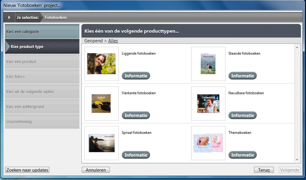 U krijgt vervolgens een overzicht van de categorieën producten waar u uit kunt kiezen. U kiest hierin bijvoorbeeld voor Fotoboeken en daarna klikt u op Volgende.