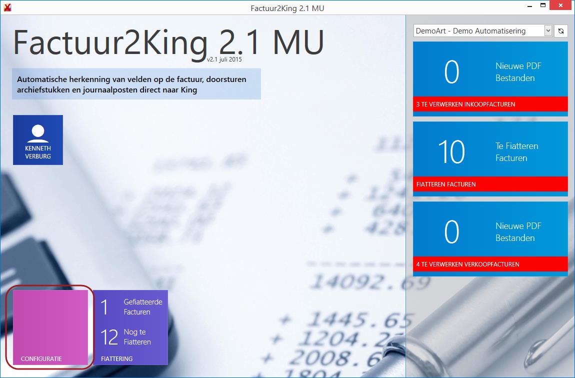 Controleer configuratie Start na de installatie het programma op met de Factuur2King 2.1 MU snelkoppeling.