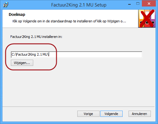 In de volgende stap wordt de installatie locatie van de vorige installatie getoond (indien een latere versie dan Factuur2King 2.1 wordt geïnstalleerd). Bij de installatie van Factuur2King 2.