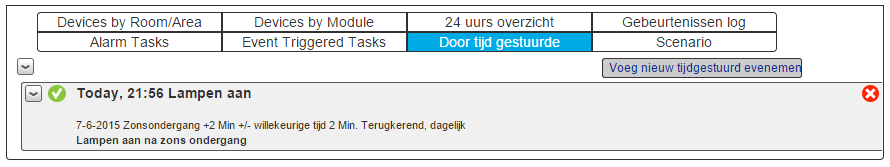 Bij Event triggered Tasks stelt u in wat er moet gebeuren als er als er een alarmmelding is maar ook als de internetverbinding uitvalt of als er een batterijen van één van de sensoren bijna leeg zijn.