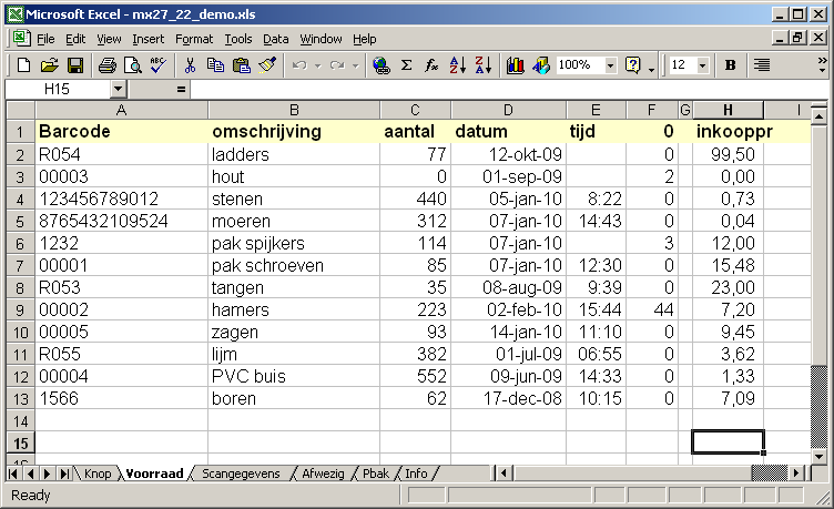 6 Optioneel: gegevens verwerken in Excel Dit is een optie, tegen meerprijs. BV voor de voorraad. Willekeurig voorbeeld bestand uit de scanner, variabele regel lengte.