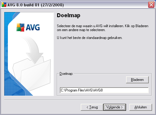 4.6. Aangepaste installatie - Doelmap In het dialoogvenster Doelmap kunt u opgeven in welke map AVG moet worden geïnstalleerd. Standaard wordt AVG geïnstalleerd in de map Program Files op station C:.