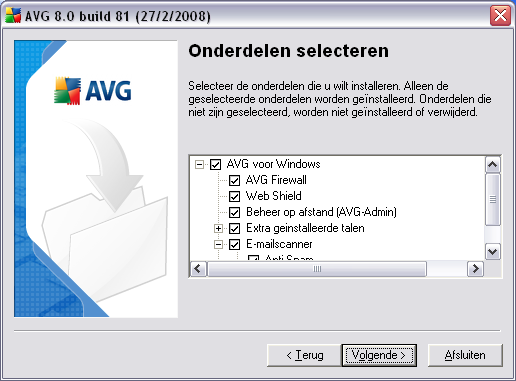 4.7. Aangepaste installatie - Onderdelen selecteren In het dialoogvensteronderdelen selecteren staat een overzicht van alle AVG onderdelen die kunnen worden geïnstalleerd.