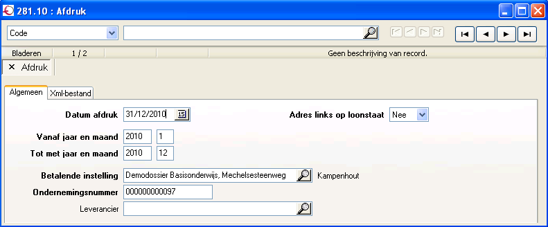 5. Afdrukken 5.1. Fiches 281.10 afdrukken Bij de module Afdrukken Historieken vind je de afdruk 281.10. 5.1.1. Tabblad Algemeen Vanaf jaar en maand / tot en met jaar en maand: vul hier de periode in waarvoor je de fiche 281.