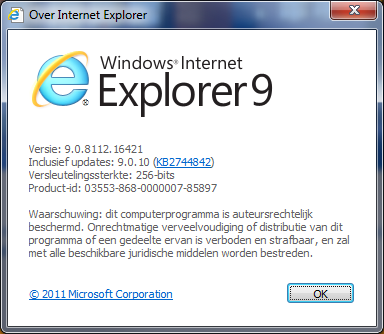 Internet Explorer 9 Om het versienummer op te vragen klikt u op het tandwieltje dat zich rechts bovenin de browser bevindt.