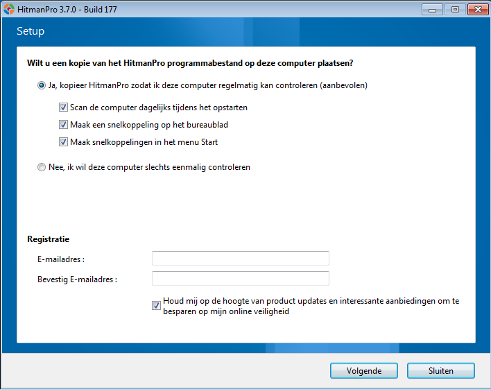 Klik nu op de knop Volgende om het zoeken naar malware te starten. Indien dit de eerste keer is dat HitmanPro op deze computer wordt opgestart verschijnt er een scherm zoals getoond in Figuur 17.