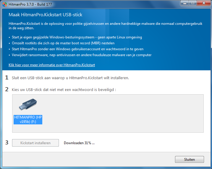 Er verschijnt nu een waarschuwing dat alle gegevens die op de USB stick staan verloren zullen gaan als u verder gaat, omdat de stick geformatteerd wordt voordat de HitmanPro.