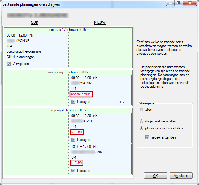 Een tweede screenshot: Wat is er nieuw in dit tweede screenshot: aanduiding van een gewijzigde datum. In het voorbeeld was in de effectieve planning de planning van woensdag naar dinsdag verplaatst.
