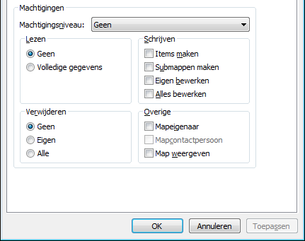 6. Vink nder Overige (Other) de ptie Map weergeven (Flder visible) aan f kies in de keuzelijst Machtigingsniveau (Permissin level) vr Cmmentatr (Reviewer). 7. Klik p OK.