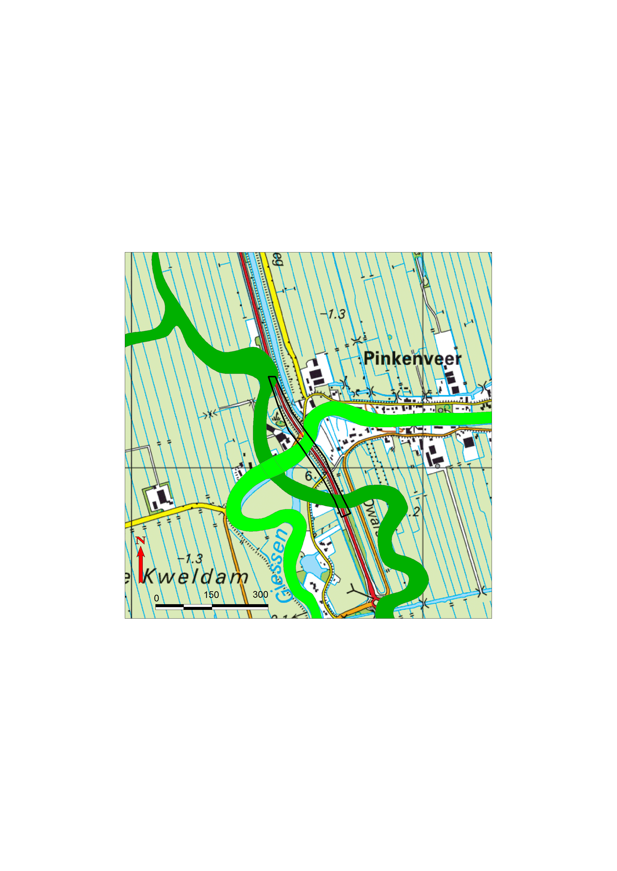 Afb. 4 De ligging van zandige beddingafzettingen van de Schaikse stroomgordel (donkergroen) en de Giessen (Lichtgroen).