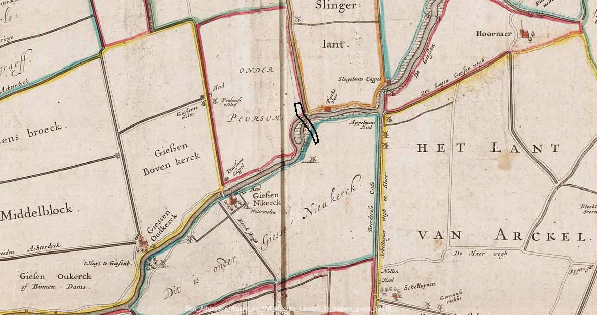 Afb. 6 Het plangebied op de kaart van de Alblasserwaard uit 1767. In 1740-1741 vonden in de Alblasserwaard grote overstromingen plaats.