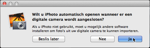 Hoofdstuk 1 Werken met foto s 15 Mogelijk wordt het programma iphoto meteen geopend zodra u uw digitale camera of ander apparaat met digitale camera aansluit.