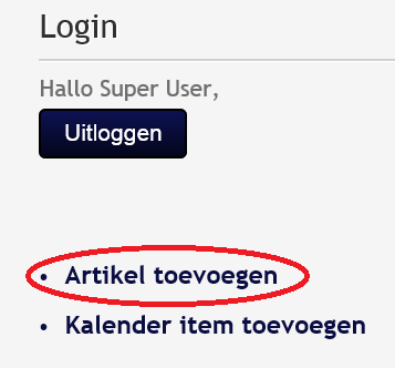 2) Inloggen Om artikelen of kalender items toe te voegen is het noodzakelijk om in te loggen. Dit kan rechtsonder in de website.