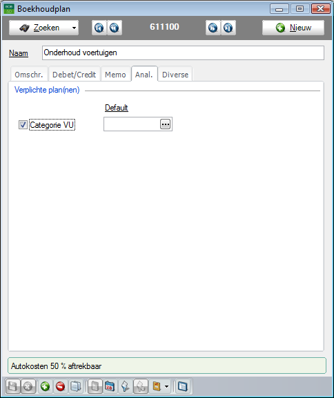 Analyse van de kosten per voertuig en beheer van de VU De standaardwaarde voor het analytisch plan van de VU categorieën wordt best leeg gelaten.