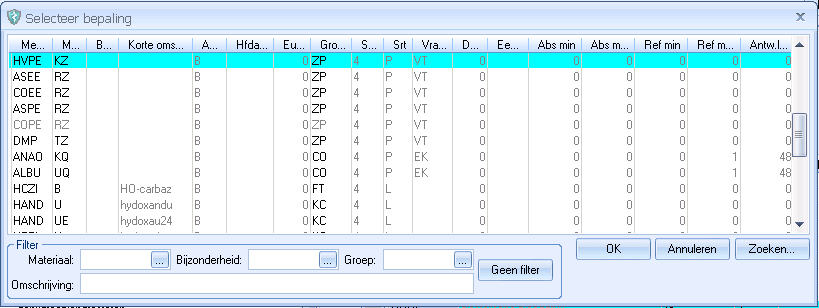 Scherm Selecteer bepaling 2. Klik op de knop Zoeken. U komt nu in het scherm Zoeken: Omschrijving Scherm Zoeken: Omschrijving 3. Voer een trefwoord in, bijv.