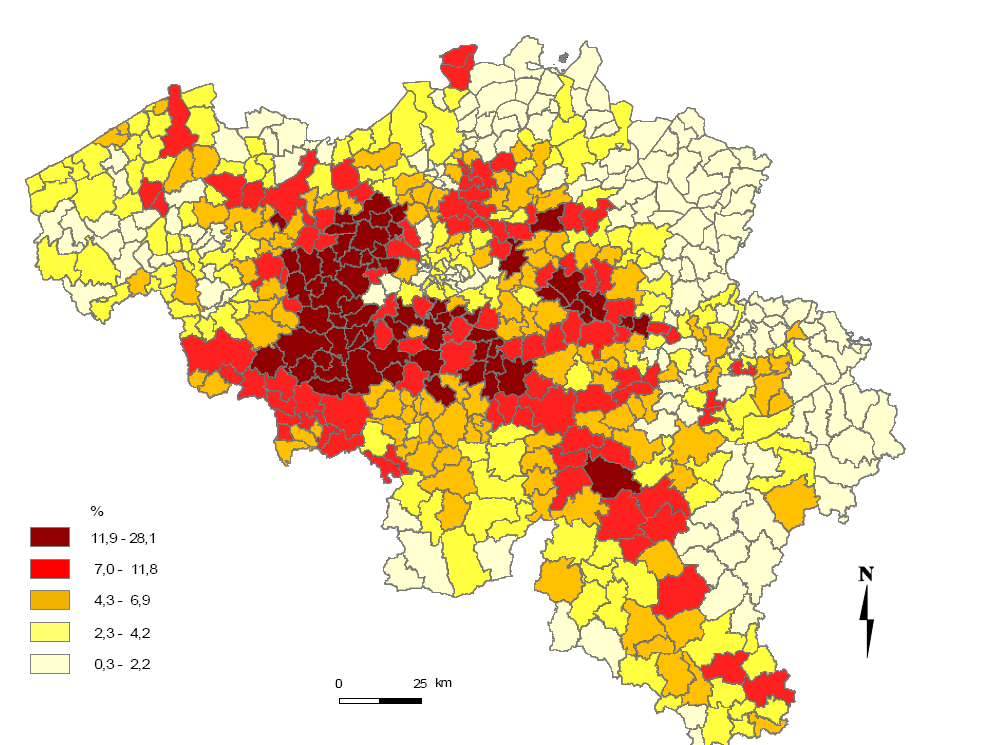 ANALYSENOTA GEMEENTE LIEDEKERKE 2013 Blz. 102 Uit bovenstaande kaart constateren we dat 12% tot 28% van de pendelaars hoofdzakelijk gebruik maken van de trein als hoofdvervoermiddel.