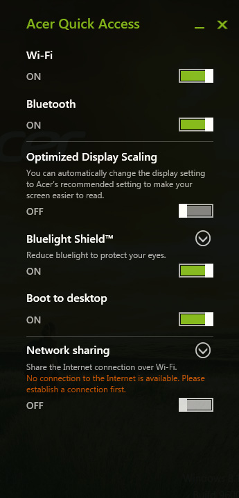 Acer Bluelight Shield - 41 A CER BLUELIGHT SHIELD Acer Bluelight Shield kan worden geactiveerd om de uitstraling van blauw licht van het scherm te beperken om uw ogen te beschermen.