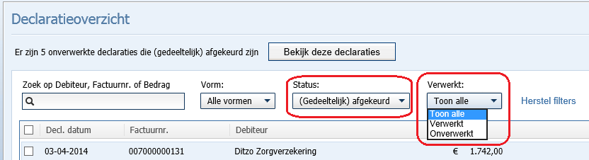 Middels het filter <Status> is er te filteren op de volgende onderdelen: o Toon alle - alle facturen in de selectie worden getoond o Verstuurd - alle verstuurde facturen in de selectie worden getoond