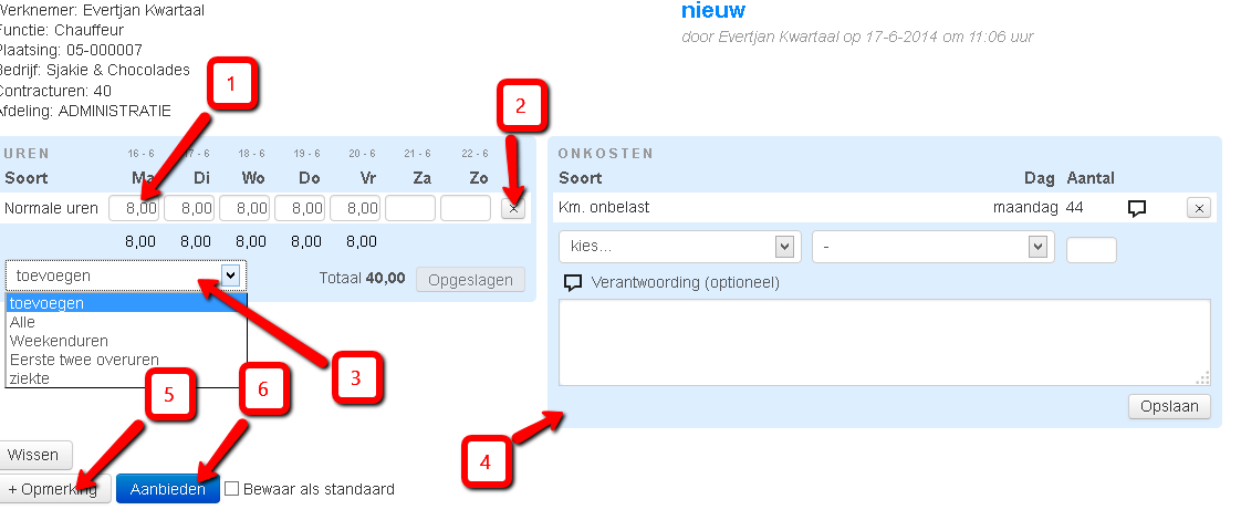 2.2 Het urenbriefje uitgelegd Wanneer een week is geselecteerd, kan het urenbriefje worden ingevuld. 1. Dit is een urenregel met ingevulde uren (normale uren) voor de dagen van de week.