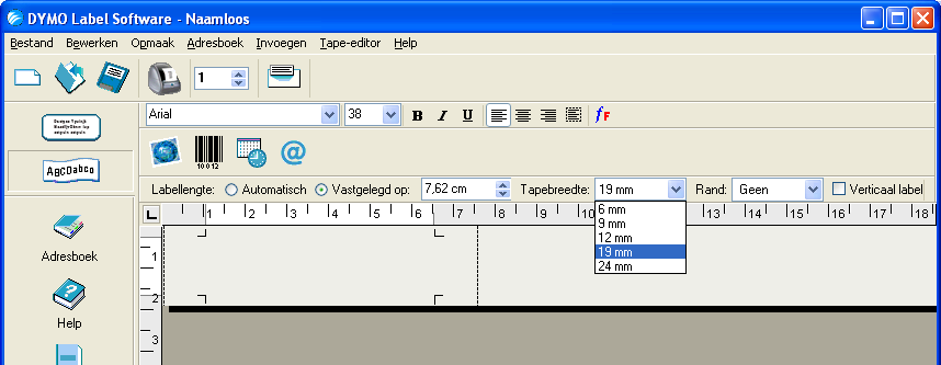 De Tape Editor gebruiken Zo maakt u een label 1 Start de DYMO Label software. Het hoofdvenster wordt afgebeeld. 2 Selecteer 19 mm in het keuzemenu Tapebreedte.