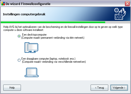 5.12. Instellingen computergebruik In dit dialoogvenster vraagt de wizard Firewallconfiguratie u naar het type computer dat u gebruikt.