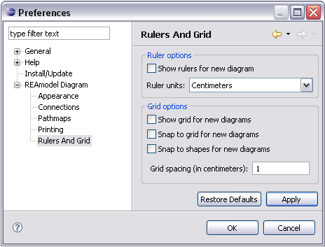 HOOFDSTUK 4. DE REA EDITOR 32 Figuur 4.10: De Preferences van de REA editor 4.7 Het gebruik van de REA editor Eens de editor geïnstalleerd is, kan je een nieuw REA model aanmaken via File New Example.