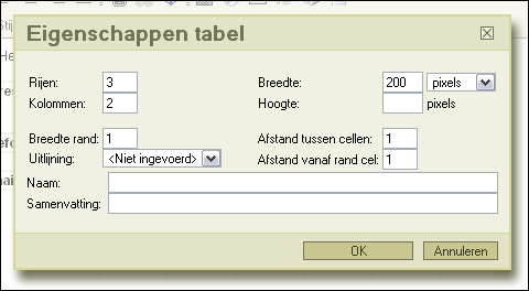 7.3 Tabel invoegen Een tabel invoegen gaat als volgt: 1. Zorg dat de cursor op de plaats staat waar u de tabel wilt hebben; 2. Klik vervolgens op het icoon Tabel invoegen/wijzigen ( ); 3.