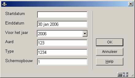 Dan wordt een invoerscherm getoond: Velden van het scherm Startdatum voer de datum in waarop het overzicht moet beginnen. Gebruik een geldig formaat voor invoeren van de datum.