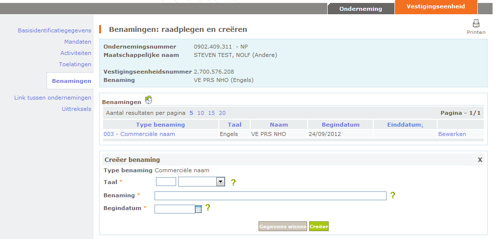 Schrijf de taal, benaming en begindatum (verplichte velden) in en klik op «Creëer».