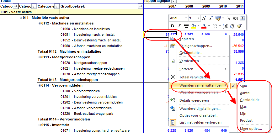 Verder hebt u de mogelijkheid om de waarden op een andere wijze samen te vatten, bijvoorbeeld