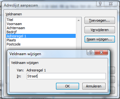 Klik op de knop Kolom Aanpassen Het volgende venster verschijnt: Selecteer de veldnaam Bedrijf en klik op Verwijderen. Bevestig met Ja.