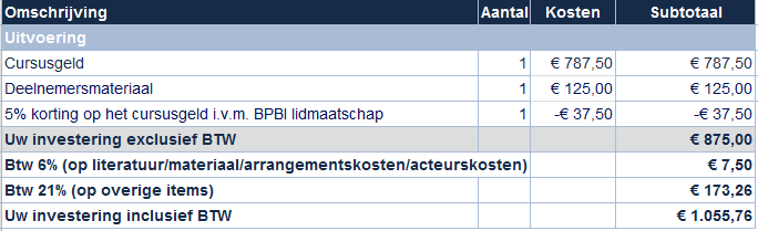 Investeringsoverzicht Hieronder treft u de kosten aan welke in rekening worden gebracht voor de opleiding Juridische Aspecten voor Hulp- en Dienstverlening.