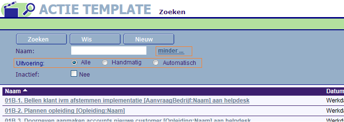 Scherm: Actietemplate gebaseerd op een automatische uitvoering : Bij het instellen van de termijn waarop de actie automatisch uitgevoerd moet worden, wordt deze standaard op de berekende einddatum,