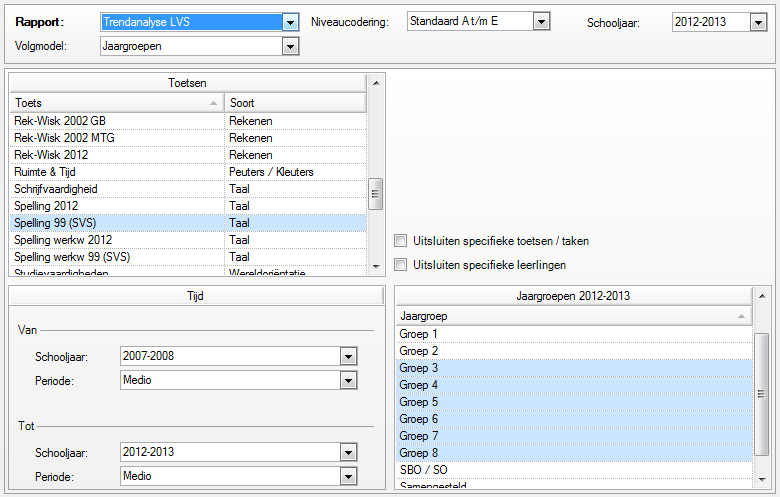 4.1.3 Trendanalyse LVS Het grafische en interactieve rapport Trendanalyse toont de resultaten die de leerlingen van uw school door de jaren heen behalen op een bepaald leerstofgebied, bijvoorbeeld