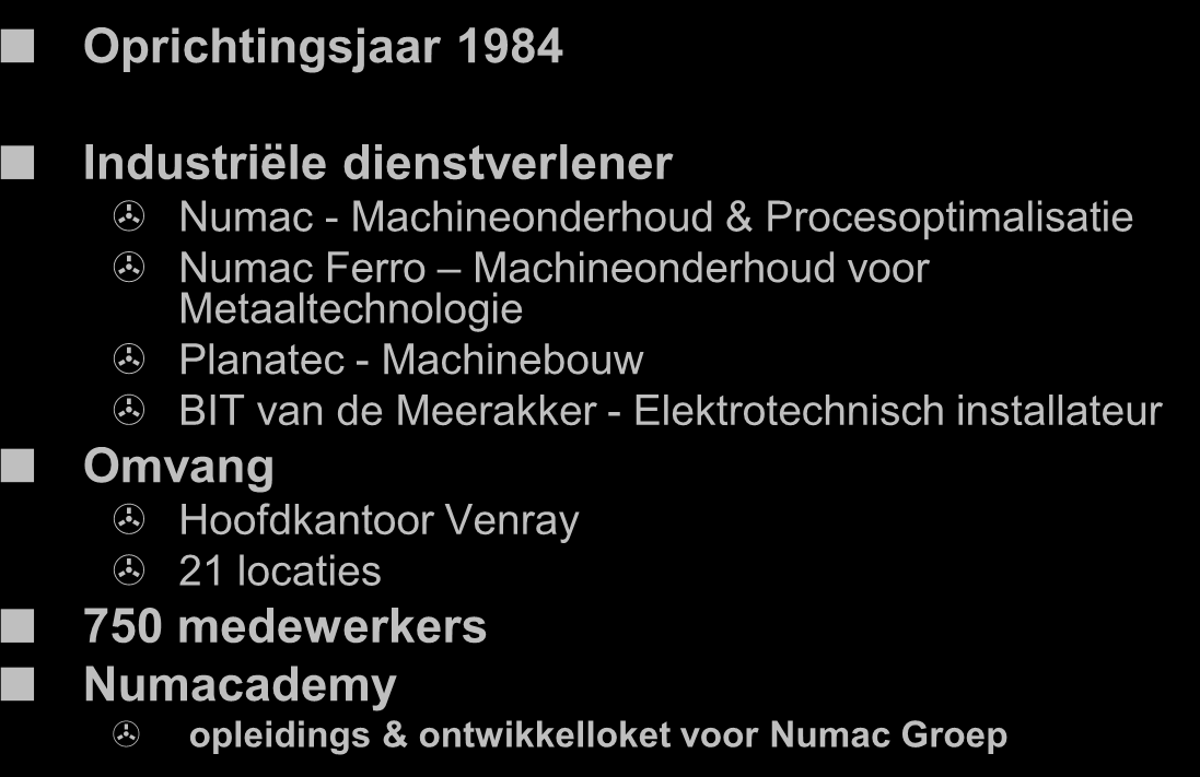 Groningen Algemeen Oprichtingsjaar 1984 Industriële dienstverlener Numac - Machineonderhoud & Procesoptimalisatie Numac Ferro Machineonderhoud voor Metaaltechnologie Planatec - Machinebouw BIT van de