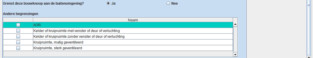 Er wordt dan een invoerregel actief (groen opgelicht) in de invoertabel met een aantal vooraf ingevulde velden (naam en nr. van de bouwknoop) en een aantal lege (nog in te vullen) velden.