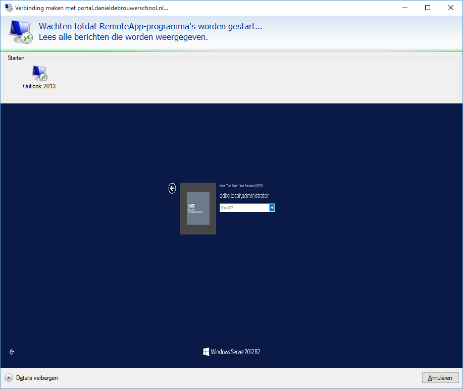 Remote App: Open de map Office 2013 en klik op Outlook 2013. Er wordt verbinding gemaakt met het programma Outlook op de server. Ook hier wordt er gevraagd om Your One-Time Password.