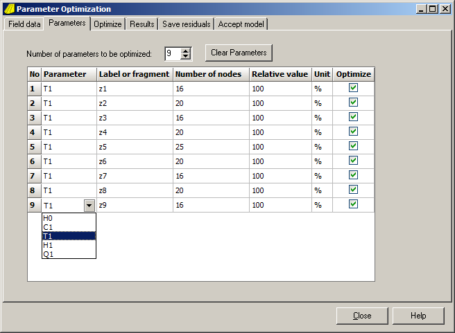 Op het volgende tabblad Parameters moet bovenaan worden aangegeven hoeveel parameters zullen worden geoptimaliseerd.