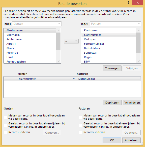 Hoofdstuk 4 Werken met gerelateerde tabellen en bestanden 103 Selecteer de relationele operator Selecteer opties voor de tabellen in de relatie 4.