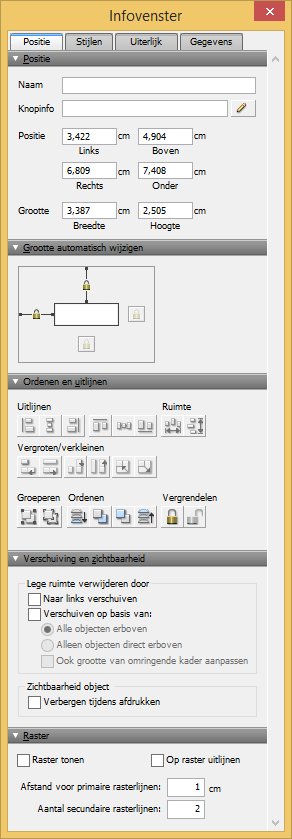 Hoofdstuk 3 Oplossingen ontwerpen en maken 74 Objecten opmaken met het infovenster In de lay-outmodus kunt u met het Infovenster de instellingen voor objecten weergeven en wijzigen.